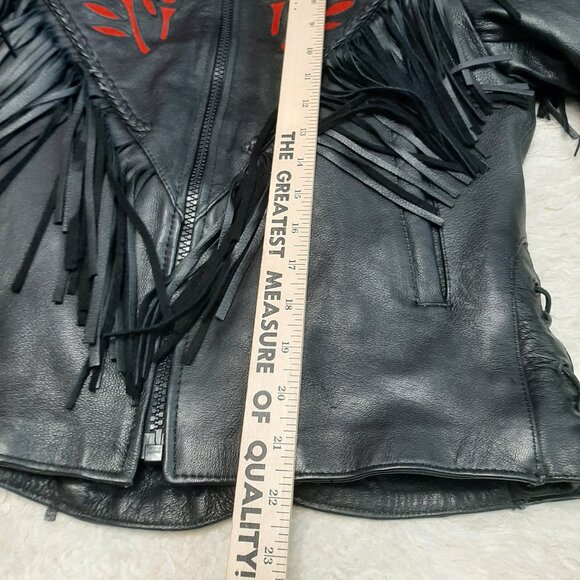 Barney's Women's Black Leather Fringe Inlayed Suede Red Roses Jacket Biker Siz M - Picture 5 of 12